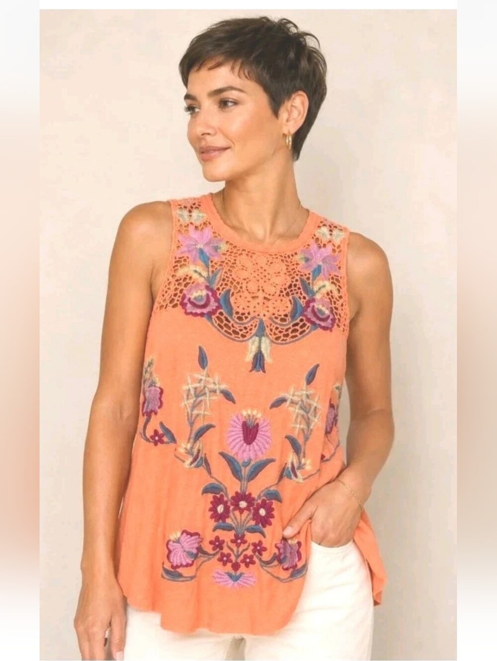 Free People Flower Power Embroidered Coral Tank Top Boho Festival Cottagecore L